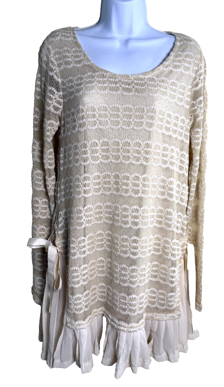 NWT a'reve Boho Crochet Knit Tunic Dress Medium Cream Ruffle hem Ribbon